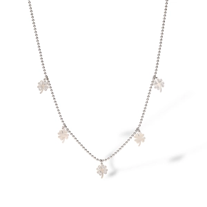 Close-up of silver beaded chain necklace with five mini clover pendants and zircon accents
