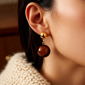 Macro close-up of 18k gold plated tiger eye stone drop earrings worn by a model