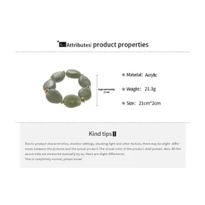 Detailed specs of green acrylic oval bead bracelet with 21cm length and 21.3g weight