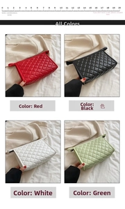 Close-up of quilted makeup bags in four colors with a scale ruler for size reference
