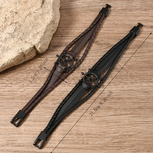 Close-up of retro braided leather bracelets with helm decor and size dimension markings