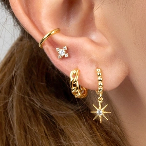 Chic S925 sterling silver gold plated chain hoop earrings set with sparkling zircon stones