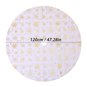 Detail view of 120cm white plush Christmas tree skirt with golden sequin snowflakes