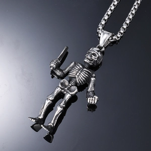 Detailed punk reaper skeleton pendant with scythe in vintage stainless steel finish