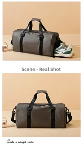 Macro shot of waterproof fitness bag with independent side shoe compartment for storage