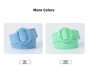 Detail view of Bohemian woven stretch belts in sky blue and light green with round buckles