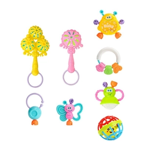 8-piece set of colorful baby rattles and teethers for sensory play and teething relief
