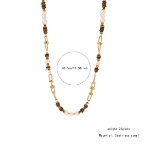 Detailed view of stainless steel necklace with tiger stone beads and product dimensions