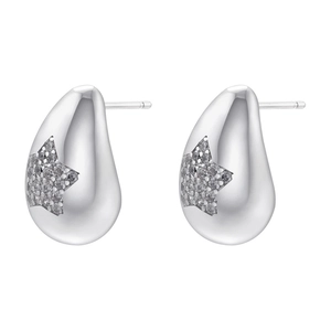Macro shot of silver teardrop stud earrings with cubic zirconia star detailing