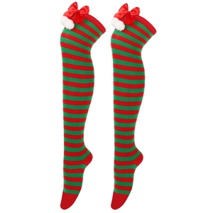 Detail of knit Christmas over-knee socks with red-green stripes and bow pom-poms