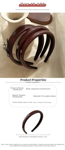 Detail view of burgundy PU leather headbands showing weight of 20.4g and 13cm diameter