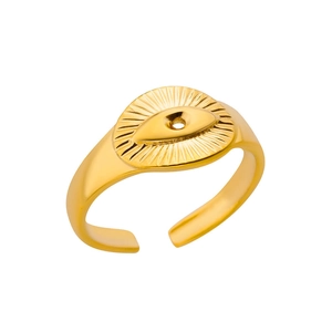 Adjustable snake-style 18k gold plated stainless steel ring with evil eye and sunray motif