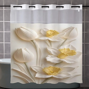 3D embossed floral shower curtain with cream white base and yellow floral accents