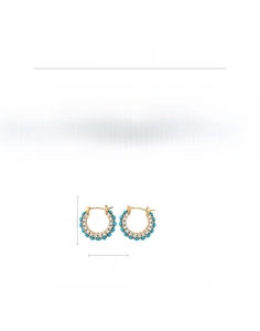 Detail of 2cm vintage gold earrings featuring light blue resin and zircon inlay stones