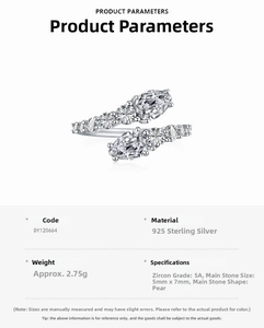 Detail view of S925 sterling silver ring featuring 5x7mm pear-shaped 5A cubic zirconia stones