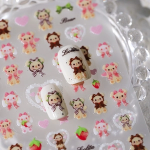 Lolita bear nail art stickers with pink hearts and strawberries for DIY manicure