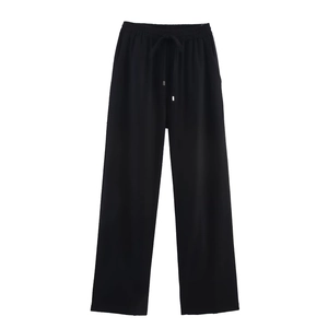 Pantalon large en mélange de lin noir pour femme avec taille élastique à cordon réglable