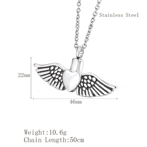 Silver stainless steel heart urn necklace with angel wings pendant for pet human ashes