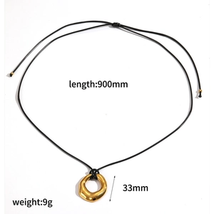 Retro wax rope necklace with hollow gold round pendant and 900mm long black cord