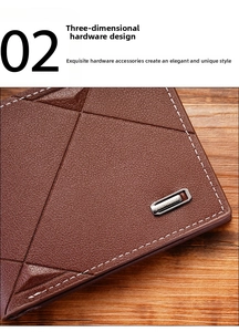 Close-up of brown leather wallet with lychee grain texture and white contrast stitching