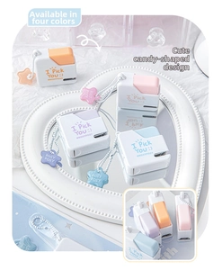Detailed view of mini sugar cube staplers in four macaron colors with star charms