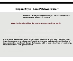 Lace and linen scarf detail showing 100x200cm size specifications and care instructions