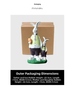 Detailed dimensions of the rabbit figurines resin crafts including packaging box size