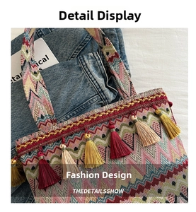 Detailed view of bohemian woven tote bag with colorful geometric patterns and silk tassels
