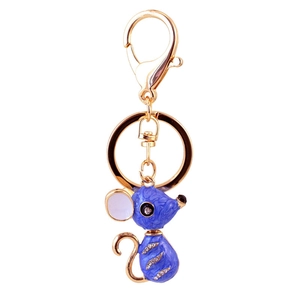 Porte-clés souris en émail bleu avec fermoir doré et strass en cristal scintillants