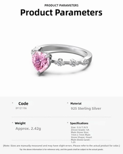 Macro detail of S925 silver ring featuring 1.25ct heart-shaped pink zircon and side stones