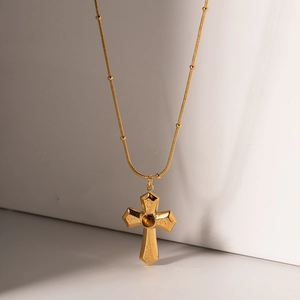Collier croix en acier inoxydable vintage avec pierre œil de tigre sur chaîne serpent dorée