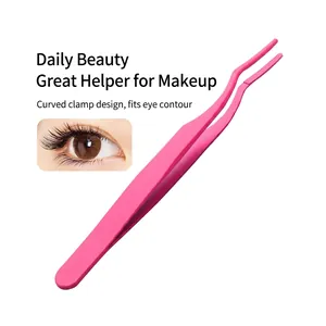 Rose red stainless steel eyelash tweezers with curved design for precise makeup application