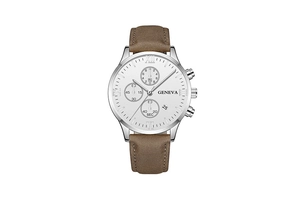 Macro view of men's watch with silver case, white dial, and brown leather strap details
