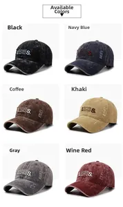 Close-up of distressed vintage baseball caps in six colors showing frayed hole details