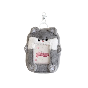 Cute gray plush animal card holder with a clear window and durable white lobster clip