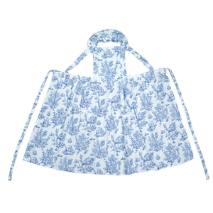 French vintage floral cotton apron with blue toile de jouy print and ruffle details