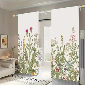 Close-up of printed curtains featuring vibrant wildflower patterns on off-white polyester