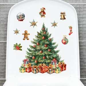 Detailed Christmas tree and gift box wall decals applied on a white toilet cover surface