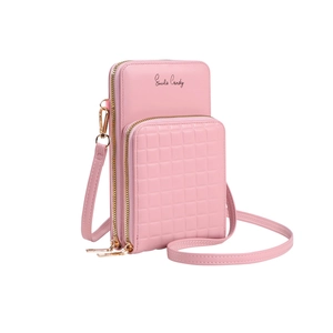 Pink PU leather multi-functional crossbody phone bag with grid embossing and smile candy logo