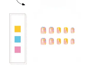 Faux ongles courts ronds avec pointes françaises jaunes et motifs floraux colorés