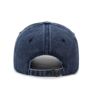 Rear view of vintage washed navy denim baseball cap with adjustable antique brass buckle