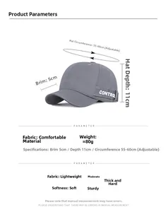 Size chart for adjustable grey short brim baseball cap with 5cm brim and 11cm depth