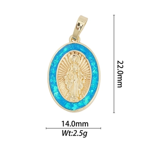 Detail of 18k gold plated Virgin Mary pendant with blue opal inlay and size markings