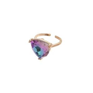 Adjustable gold ring with triangle cut rainbow gemstone in vibrant gradient colors