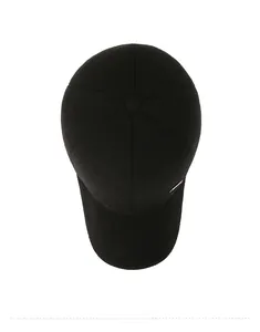 Top-down view of black winter baseball cap showing premium wool fabric and stitching