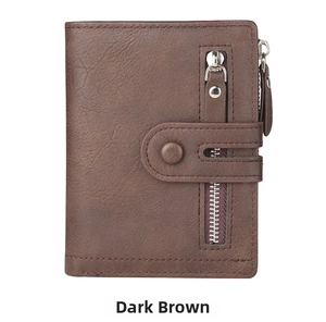 Macro detail of men's dark curry vintage wallet with leather texture and metal zipper