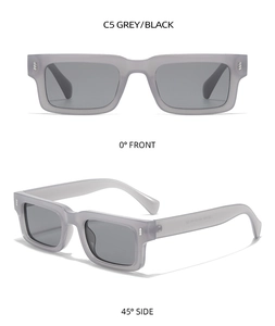 Detaillierte Vorder- und Seitenansicht der grauen rechteckigen Sonnenbrille mit UV-Schutz
