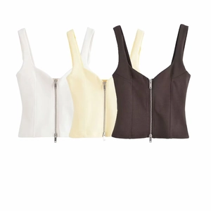 Women's slim fit zip-up tank top set in white, beige, and coffee brown colors