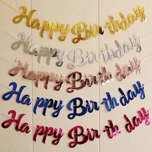 Bannières métalliques Happy Birthday en or, argent, or rose, bleu et rose magenta