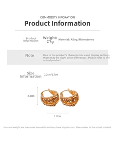 Detail specifications of golden rhinestone earrings measuring 2.2cm by 1.7cm at 7.7g